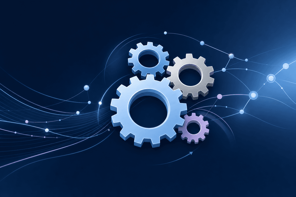Clean interlocking gears and flow nodes with a soft light-blue glow on a navy field.