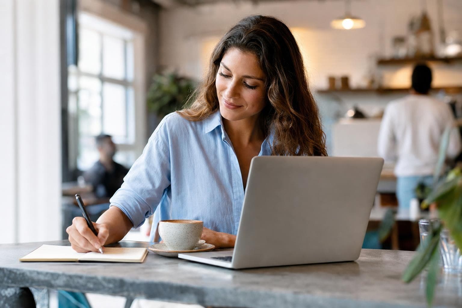 A photo of a small business owner writing a helpful article on a laptop, with coffee and handwritten notes nearby in warm light.
