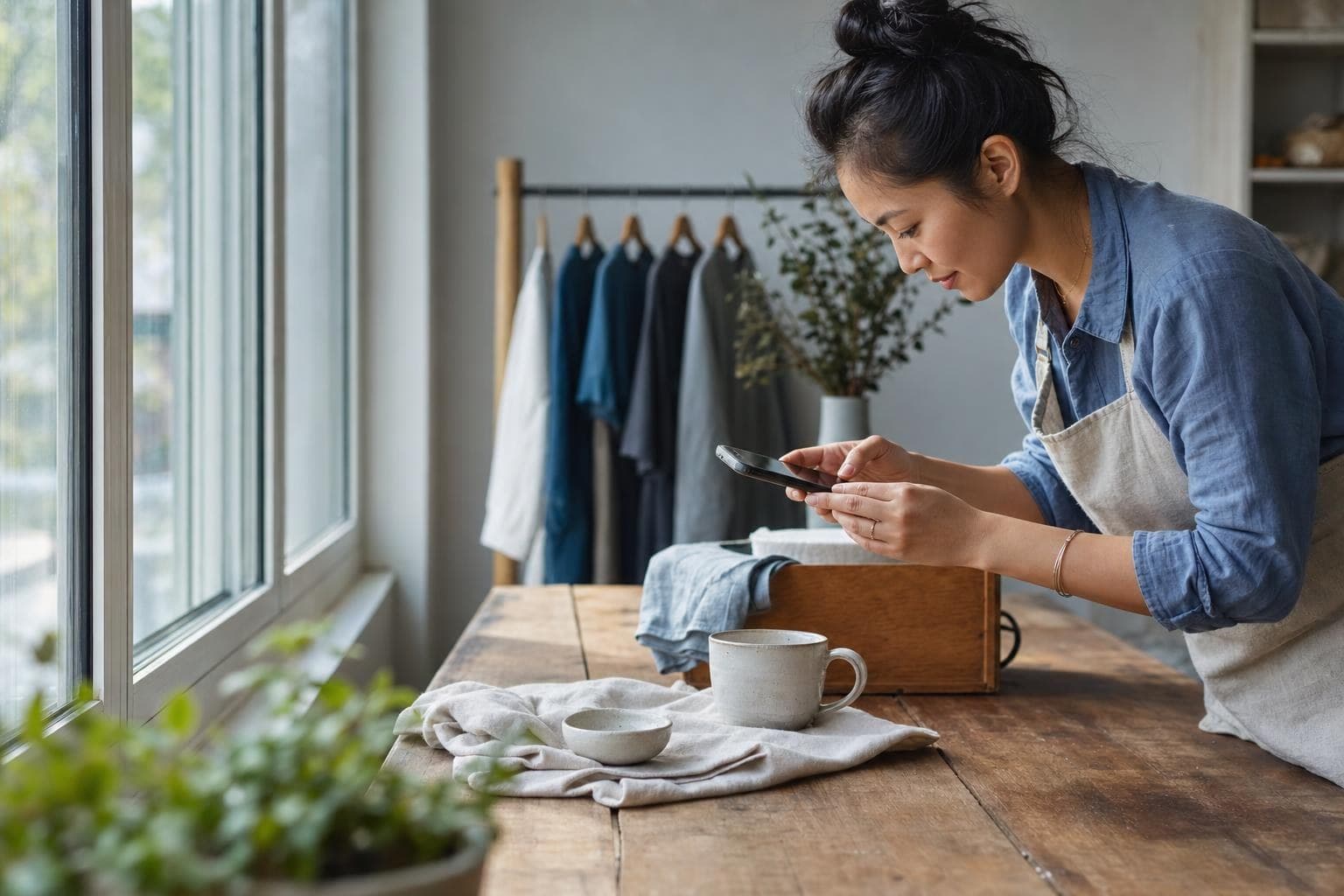 A photo of a small-business owner staging a simple product photo near a sunny window with a phone.