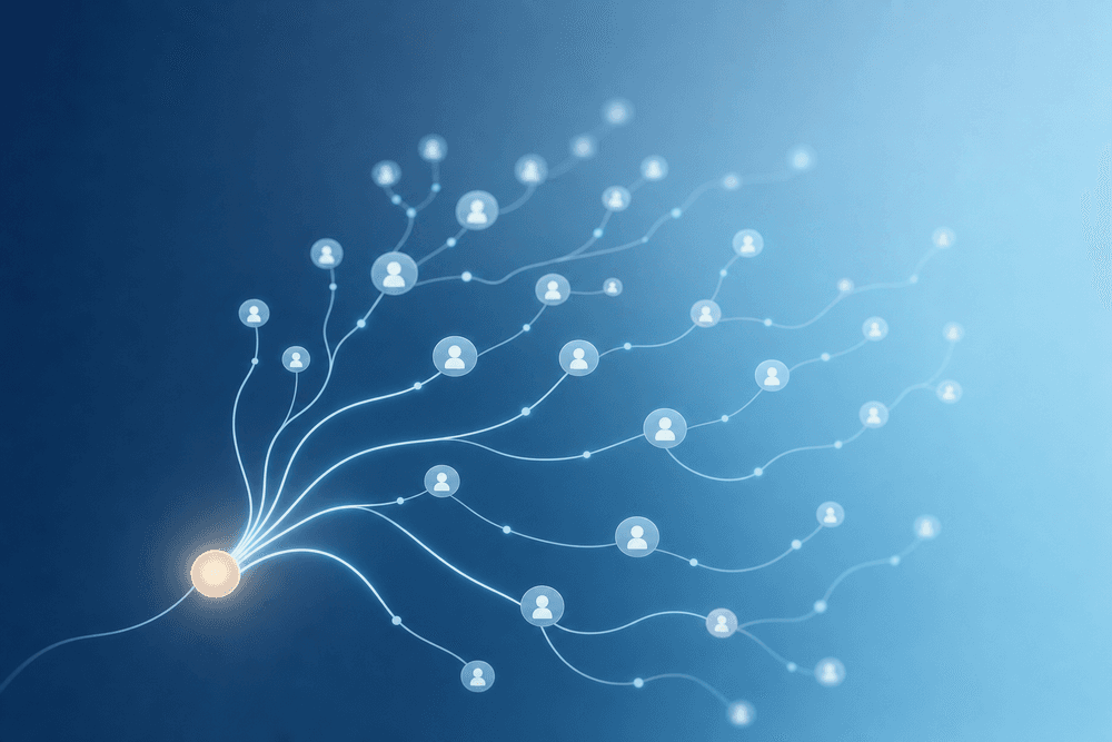 A branching network of light-blue connections spreading from one warm node, illustrating referrals.
