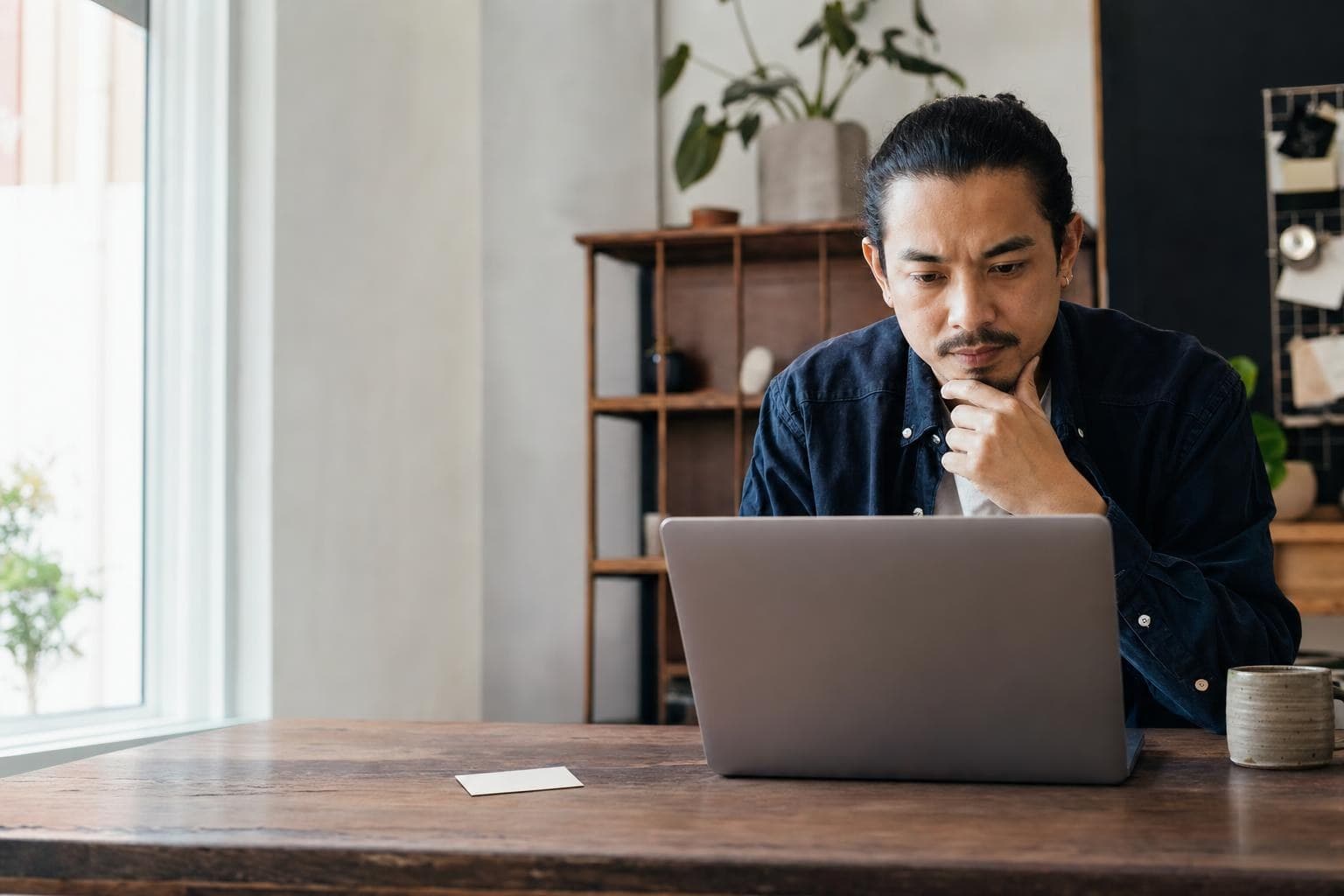 An owner weighing a DIY website builder on his laptop next to a designer's business card.