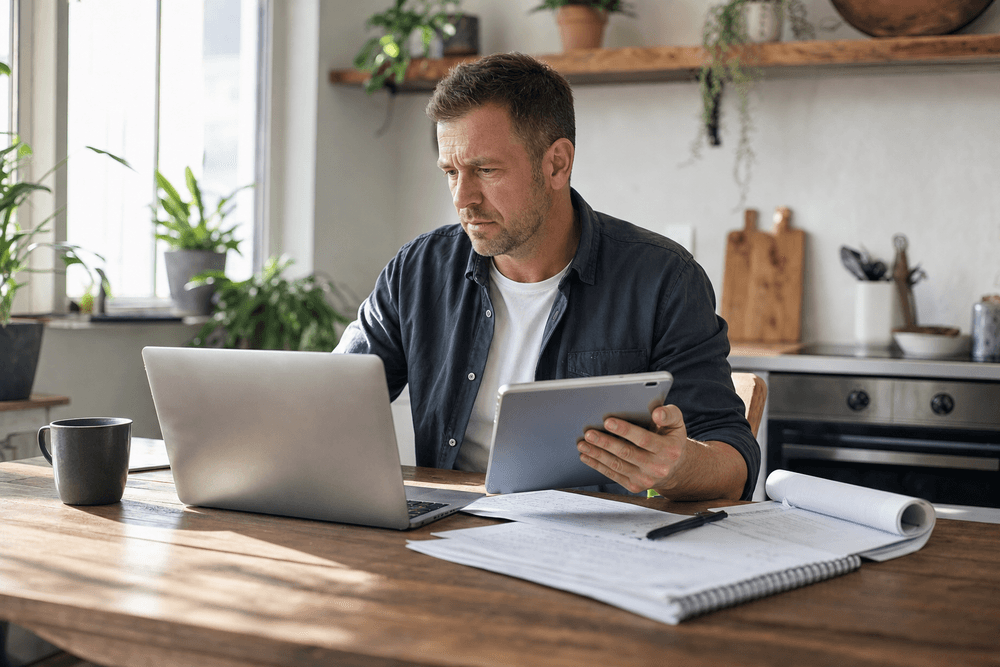 A landscaping-company owner comparing two software options on a laptop and tablet at a kitchen table.