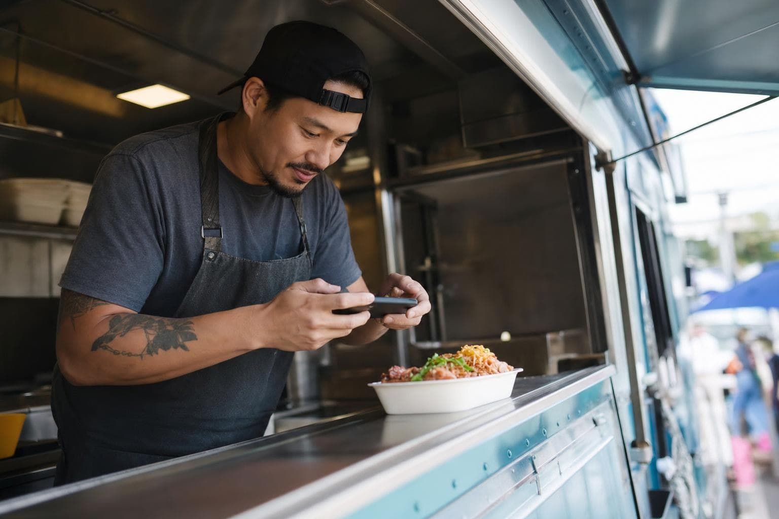 A food-truck owner quickly snapping one phone photo of a dish before serving.