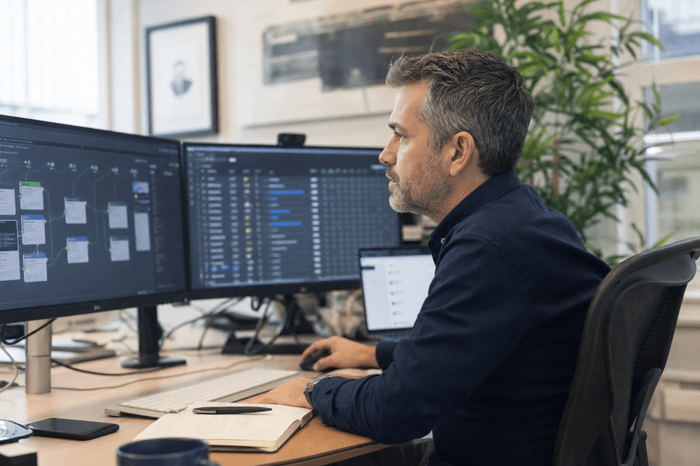 An operations manager at a desk with three screens showing different apps, connecting workflows.