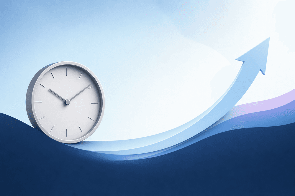 An upward growth curve rising while a clock stays still, illustrating leverage over hours.