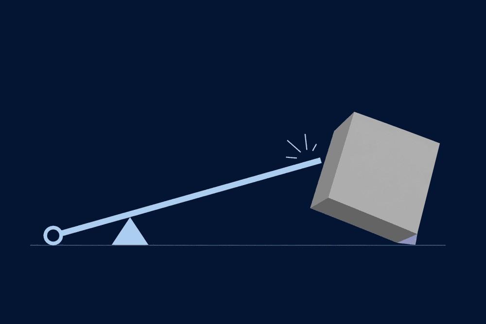 A single bright lever lifting a heavy block, illustrating leverage with minimal effort.