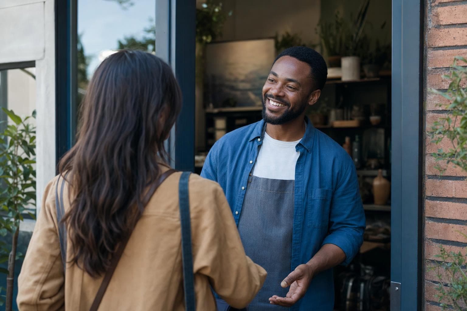 A photo of a regular customer happily returning to a warm, welcoming local business.