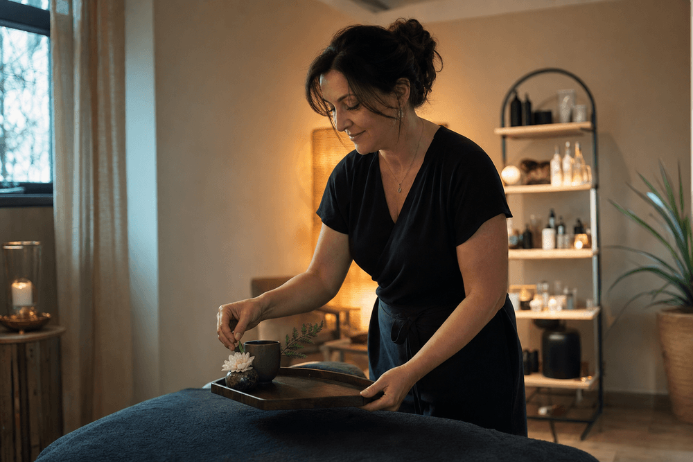 A spa owner placing a small thoughtful welcome detail on a tray for a guest.