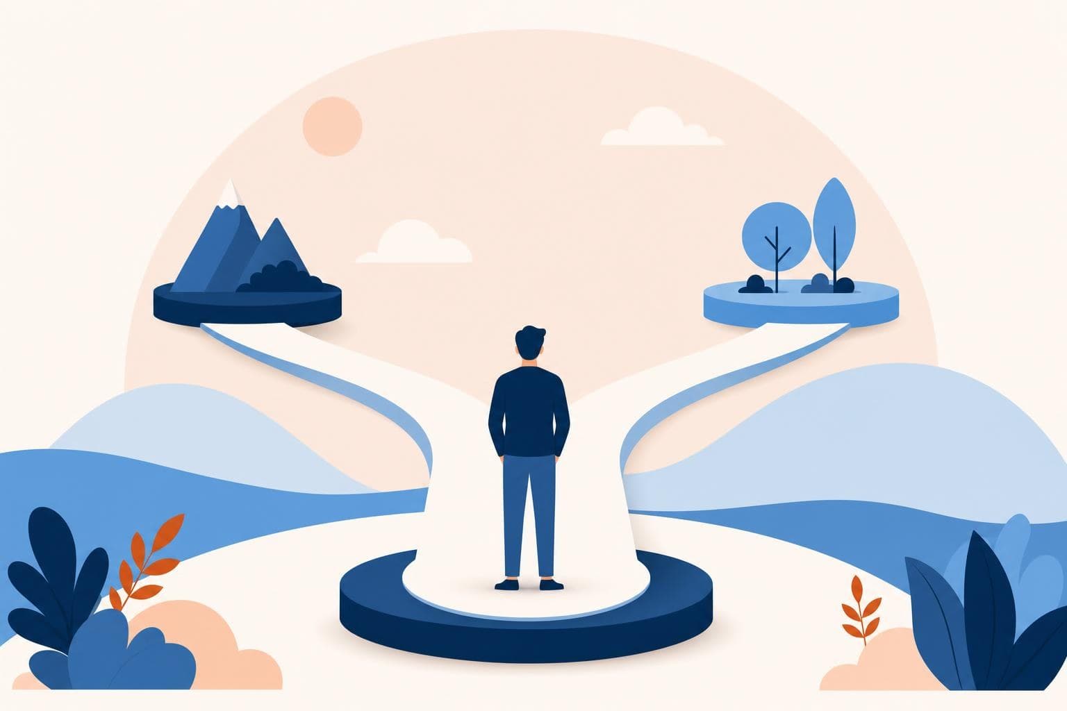 A flat illustration of one central brand hub splitting into two clear, tailored customer paths.