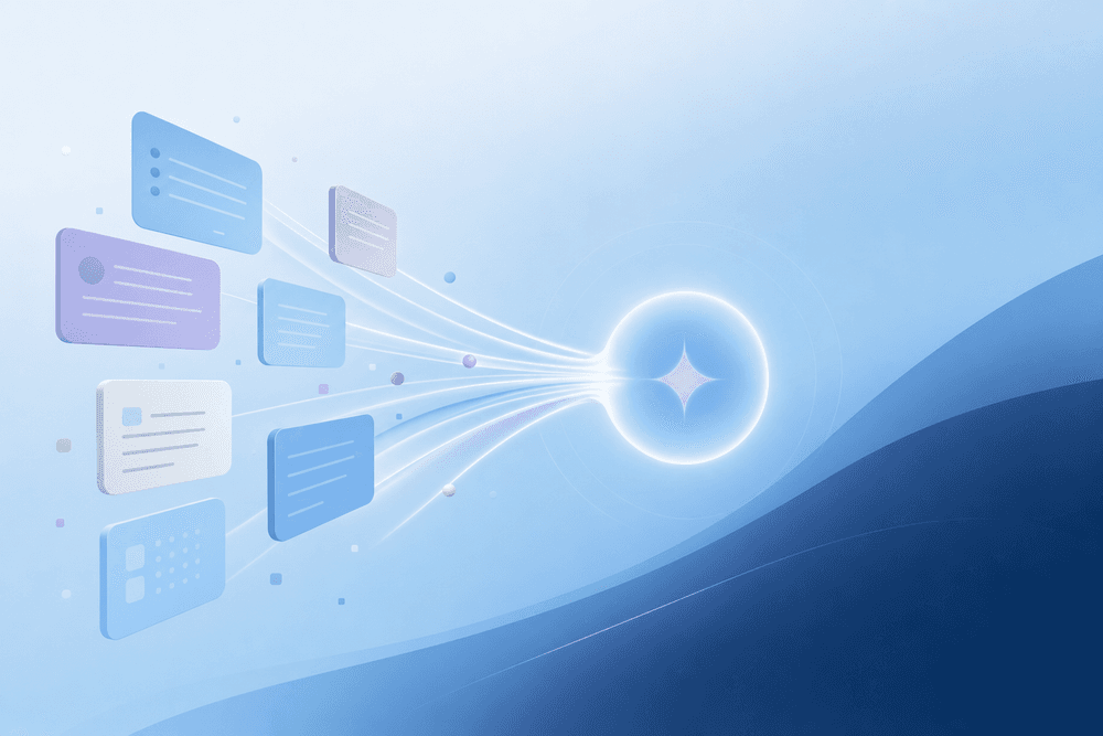 Structured content blocks being pulled cleanly into a glowing answer node, illustrating AEO.