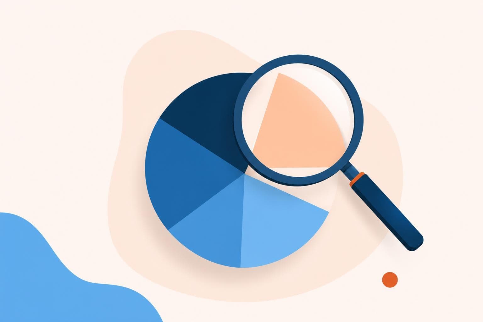 A flat vector illustration of a magnifying glass focusing on one bright segment of a circle, in brand colors.