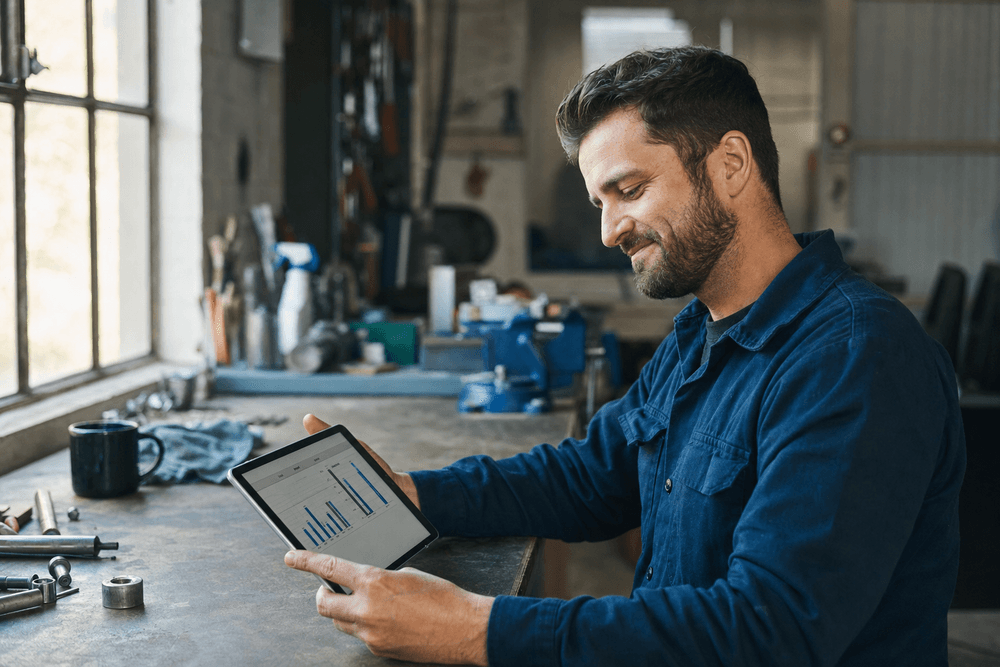 An owner reviewing a simple time-saved chart on a tablet at his workshop bench.