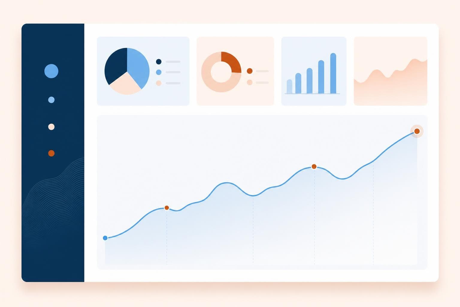 A clean stylized dashboard with a few simple metric tiles and one trend line in the brand palette.