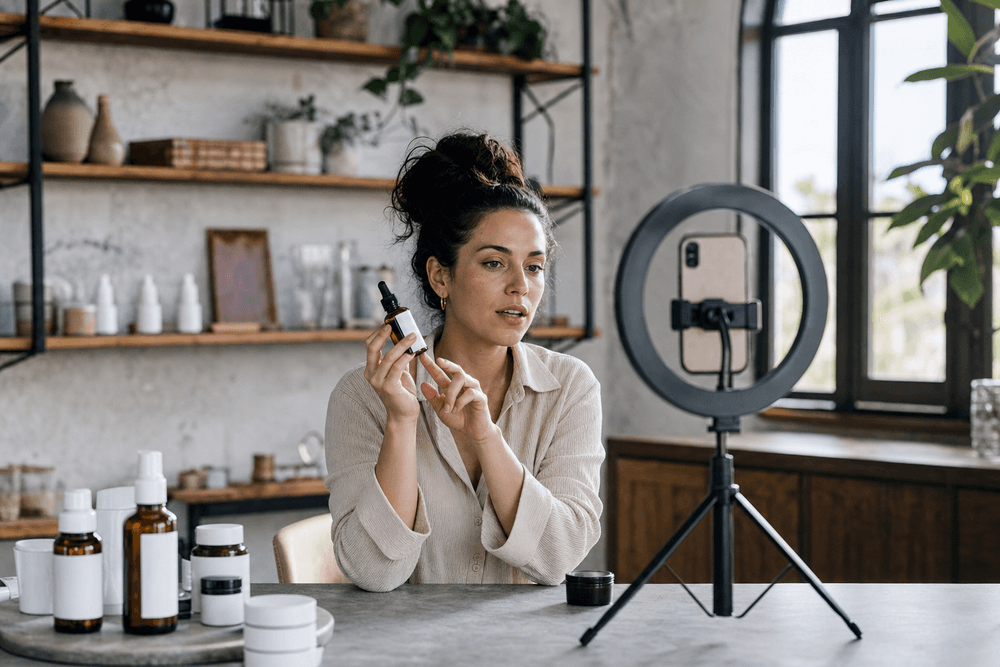 A skincare-brand owner filming a short product video on a phone tripod in her small studio.