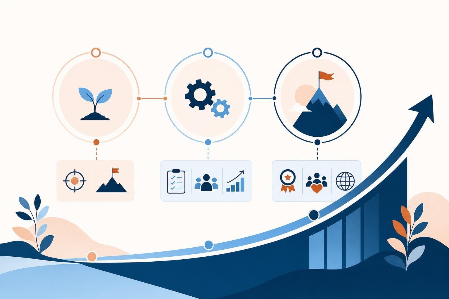 An infographic of a stylized one-page 90-day growth plan with three clean phases and an upward arrow, in the brand palette.