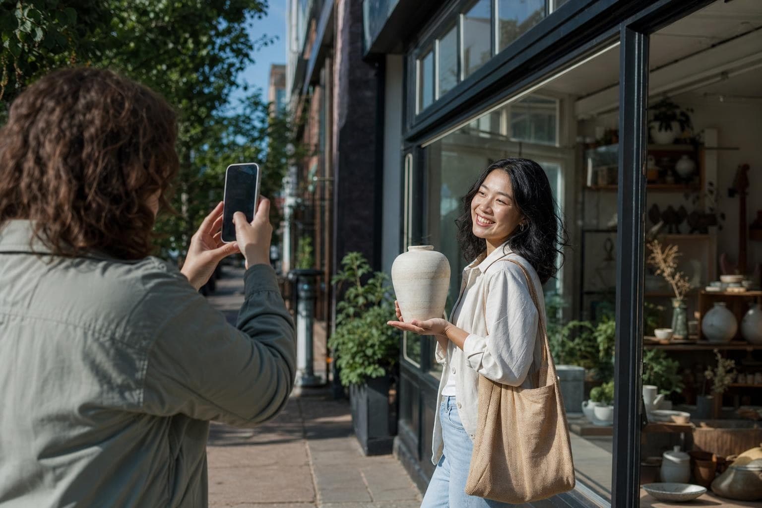An owner photographing a beaming happy customer holding their new purchase outside the shop.