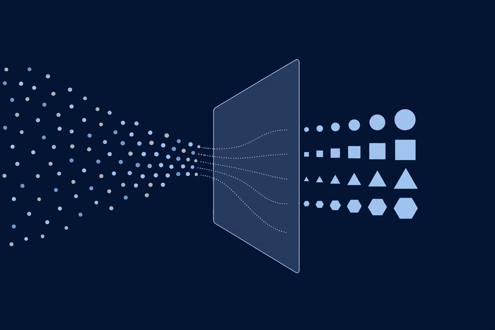 A stream of dots entering a page and converting into solid light-blue shapes at the exit.