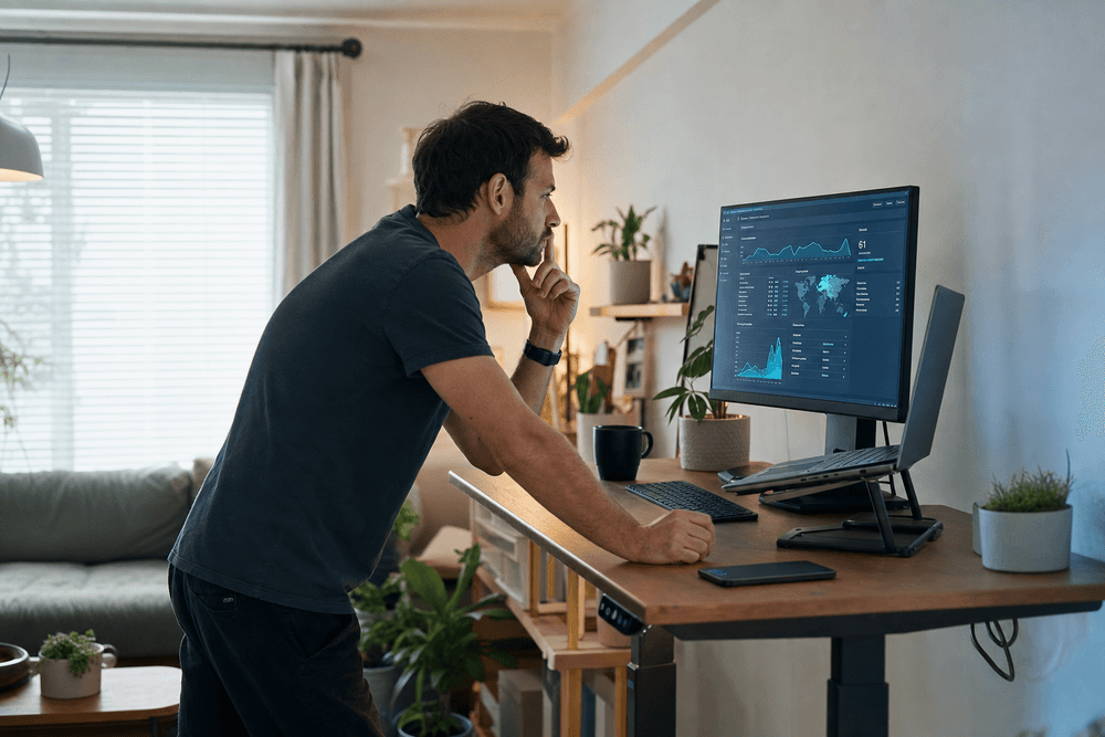 An e-commerce owner at a standing desk watching live website visitor numbers on a monitor.