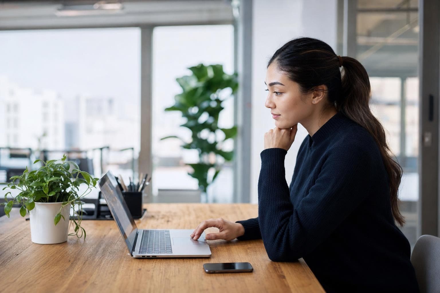 A marketer at a laptop in a bright office using AI assistance to research potential customers.