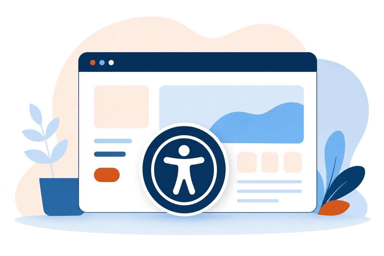A flat vector illustration of a universal-access symbol over a friendly web page, in the Evolvv brand palette with no text.
