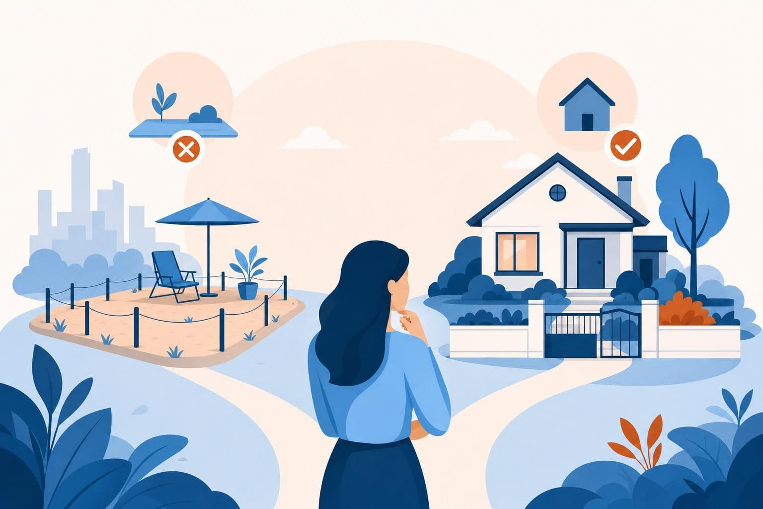 A flat vector illustration contrasting a small rented plot on social media with an owned house that represents your website, in the Evolvv brand palette.