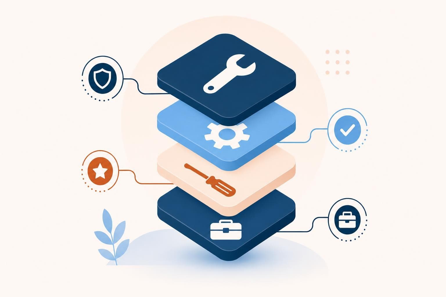 A simple infographic of a tidy stack of a few essential business tool tiles in the brand palette.