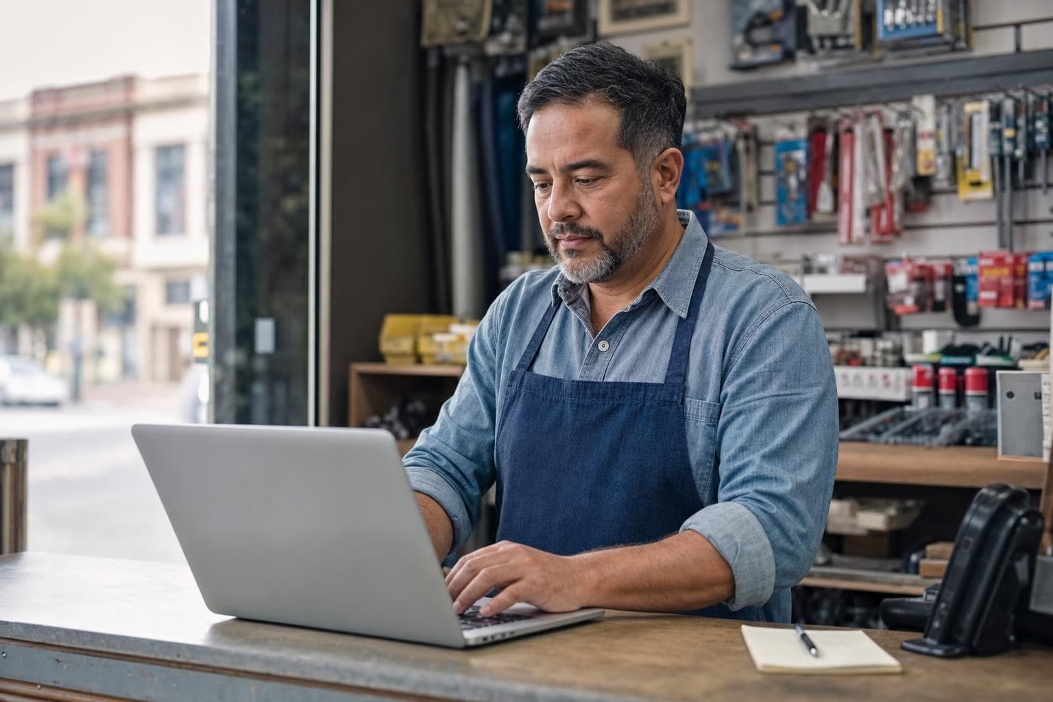 A hardware-store owner updating his business listing on a laptop at the front counter.