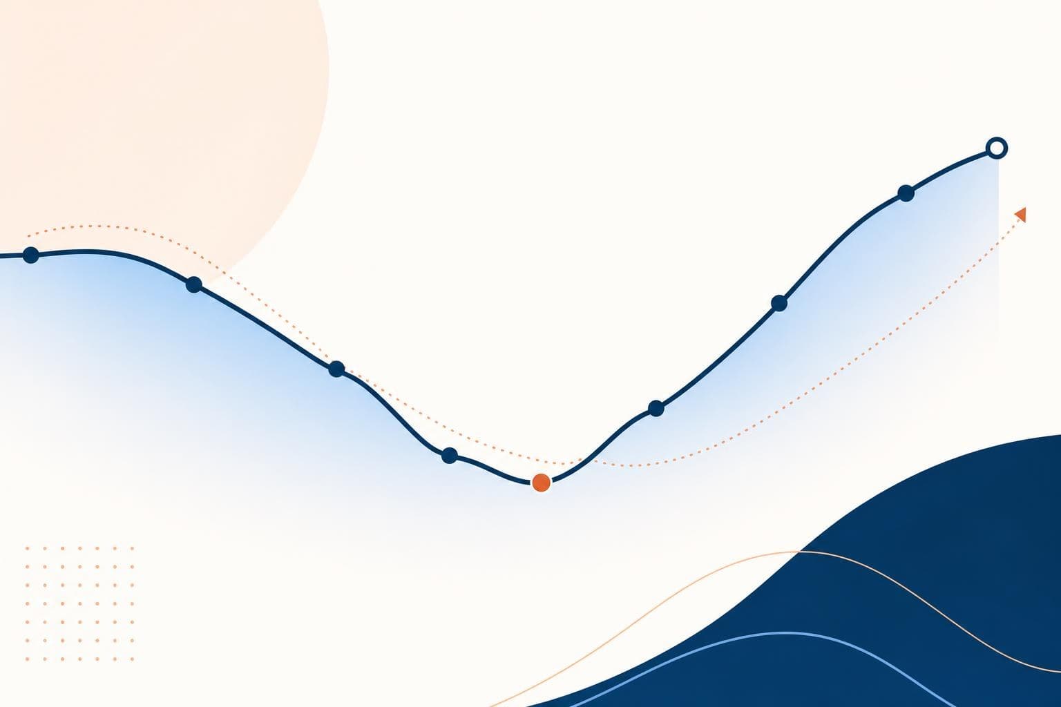 A stylized line chart showing website traffic dipping sharply then recovering, in the Evolvv brand palette with no readable numbers.