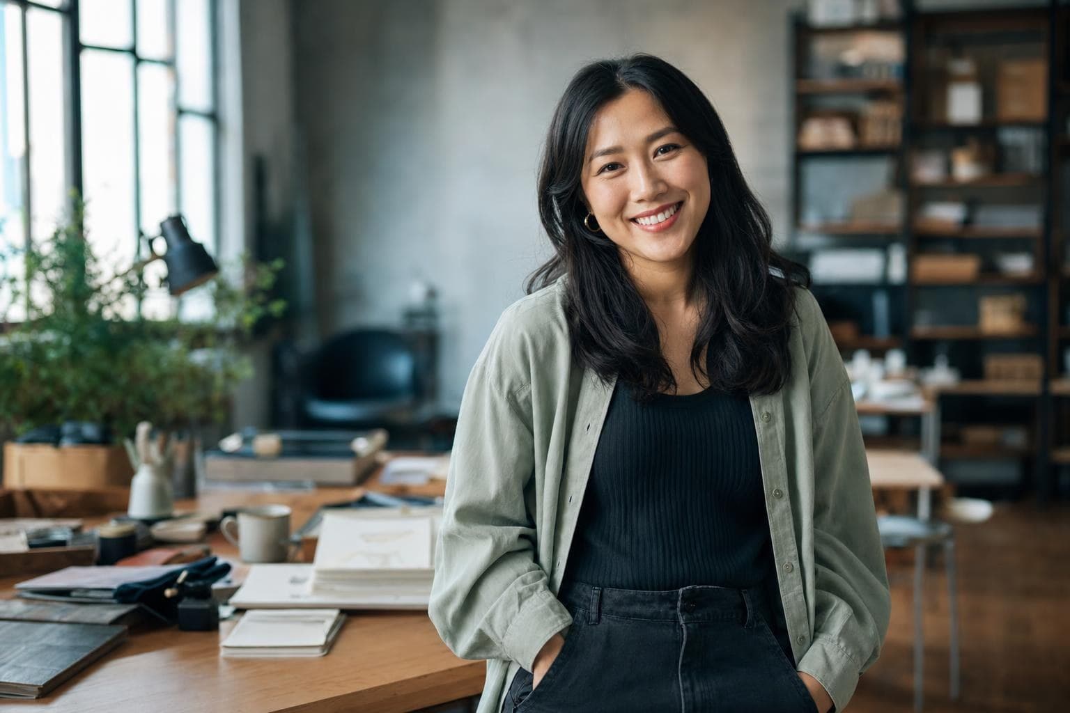 A photo of a founder's authentic candid portrait in their workspace, warm and approachable.
