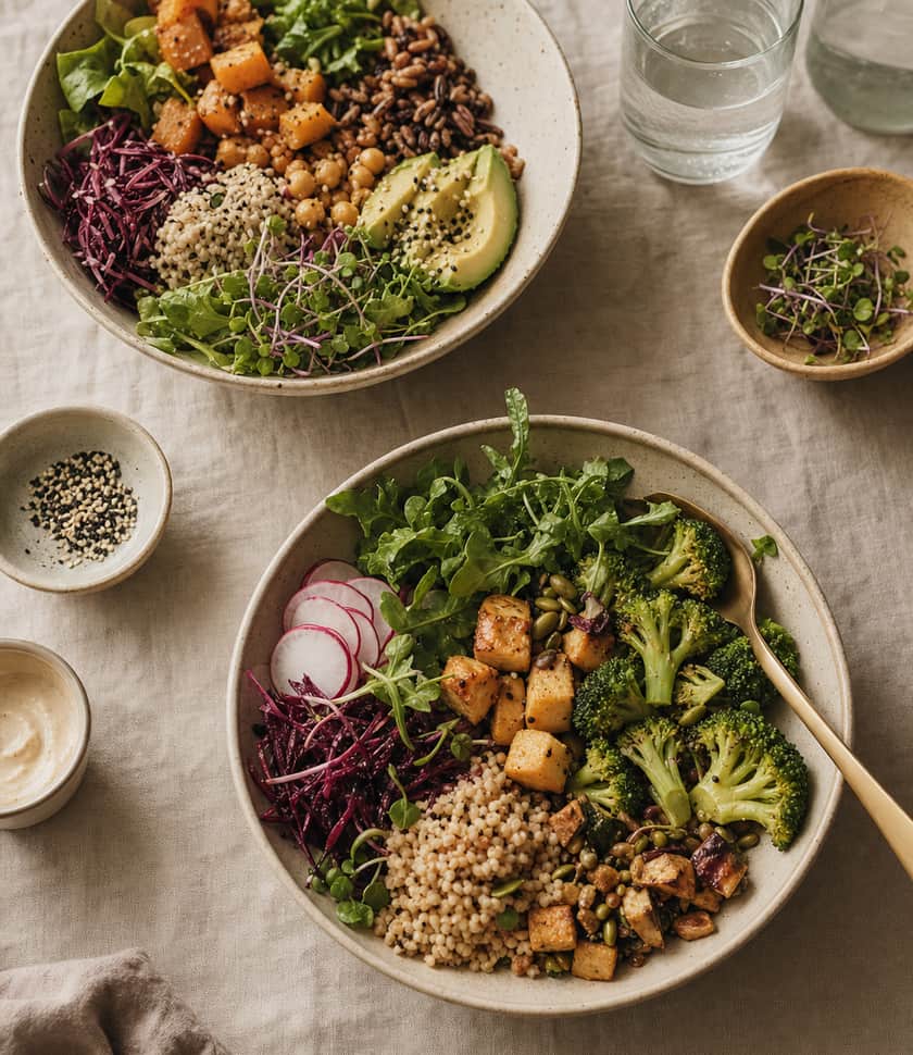 Colorful, balanced bowls of fresh vegetables on a table