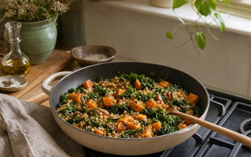 A simple pan meal coming together on a stovetop