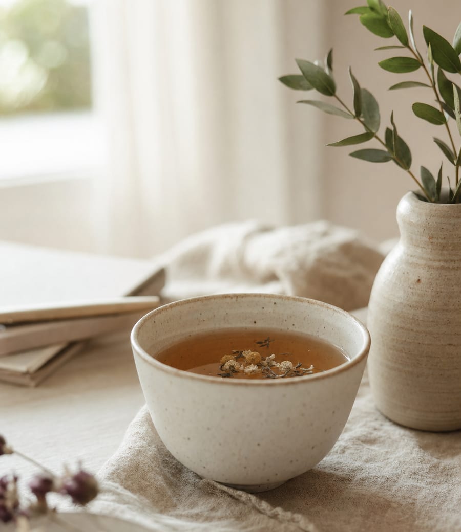 A quiet cup of tea beside a sprig of greenery on a soft, warm table