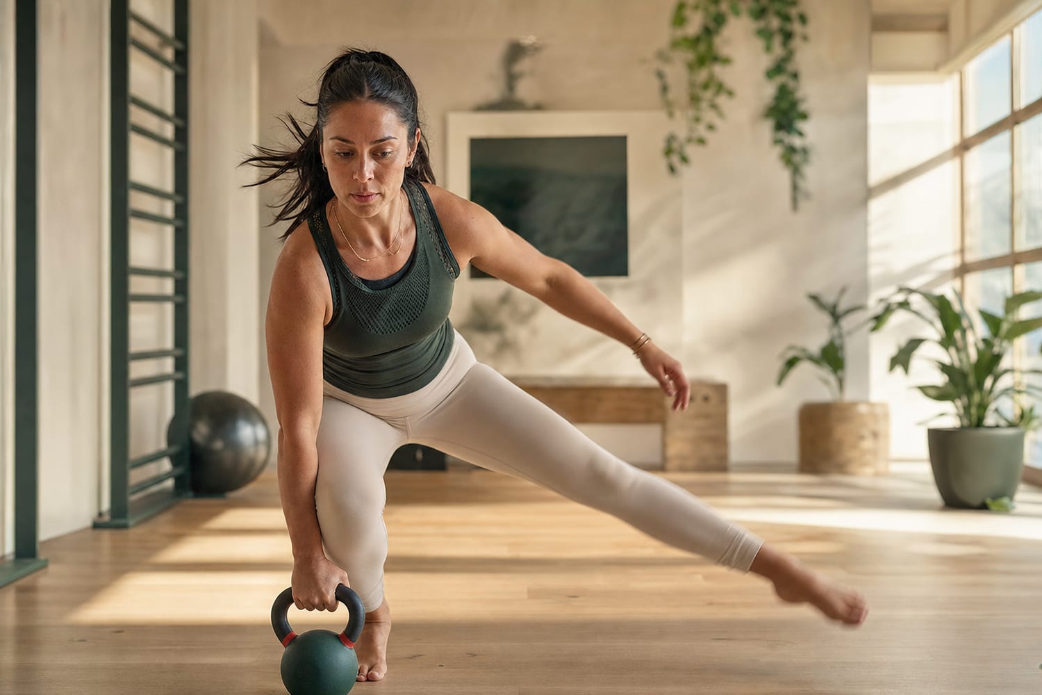 A Kineva member training through a full range of motion in a sunlit studio