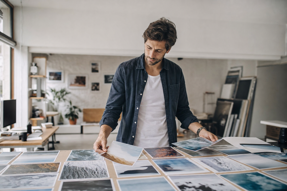 A studio owner reviewing prints on a worktable