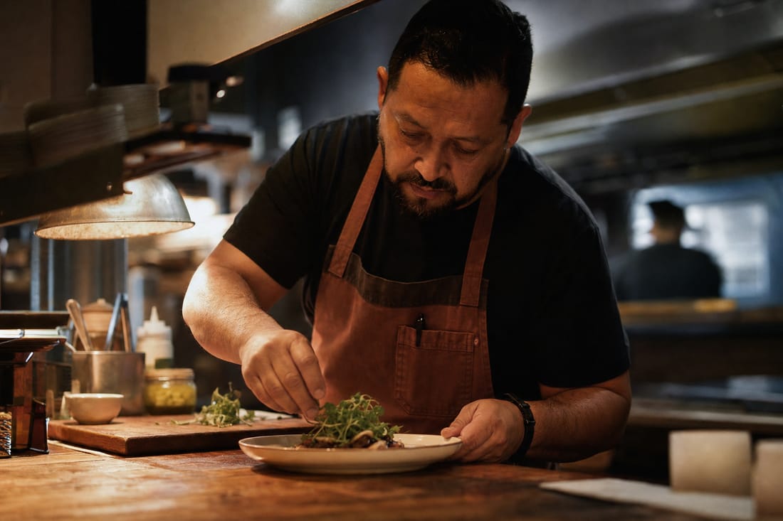 A restaurant owner plating a dish in his kitchen