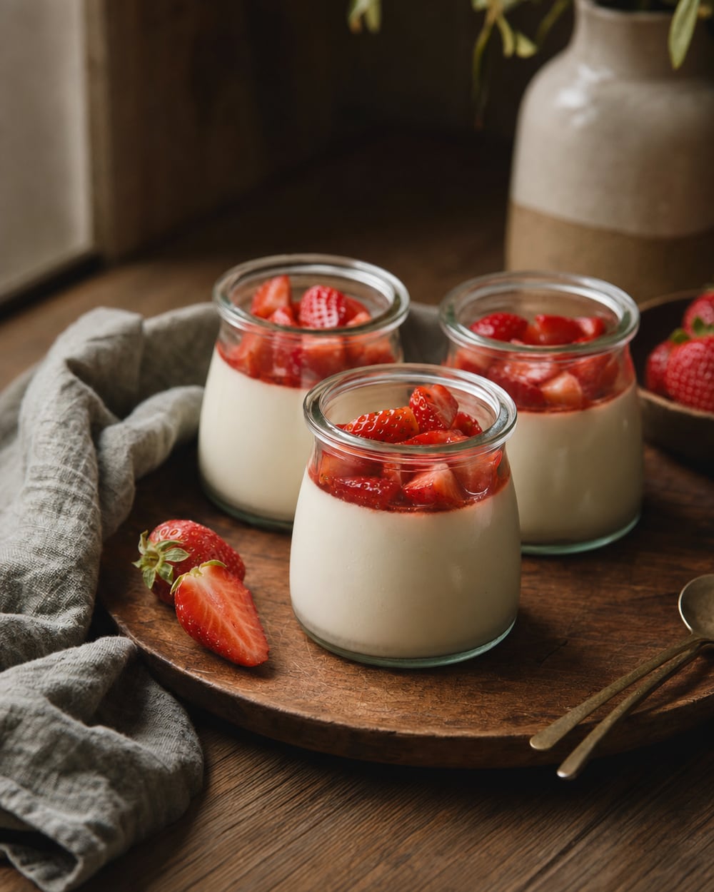 Glass jars of buttermilk panna cotta topped with fresh strawberries