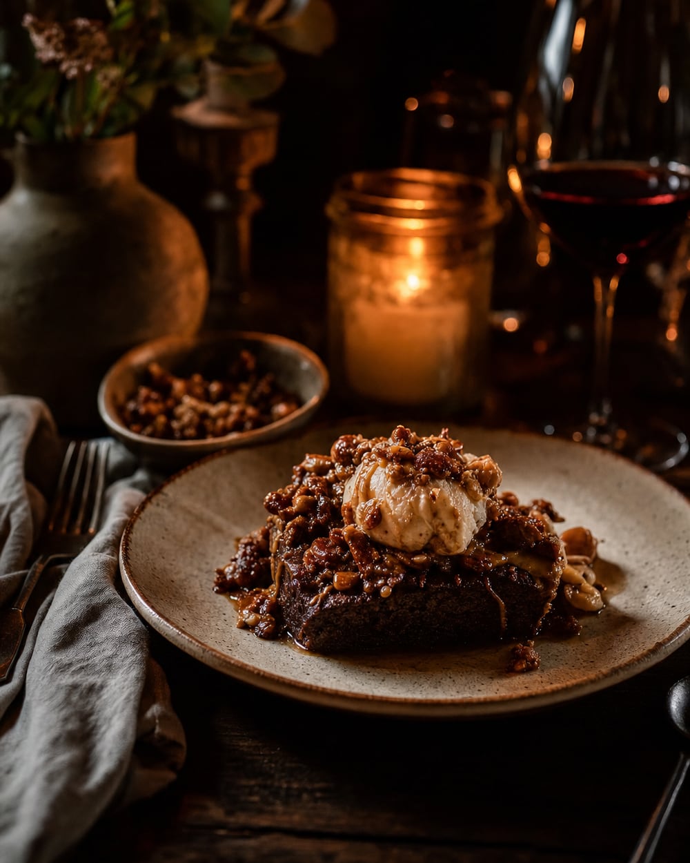 An elegant plated dessert on a dark table lit only by candlelight
