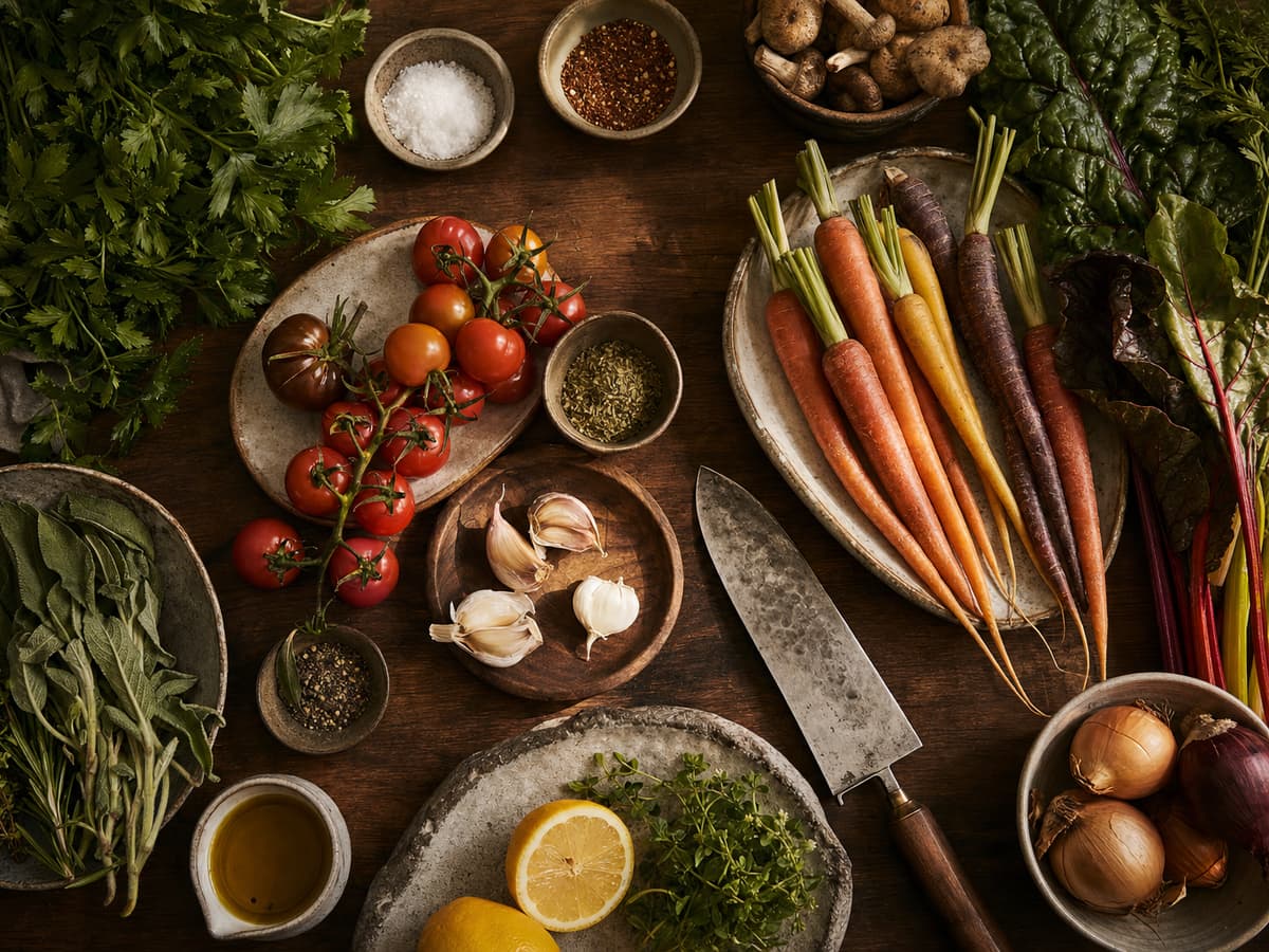 Fresh seasonal ingredients, herbs and a chef’s knife arranged on a wooden counter