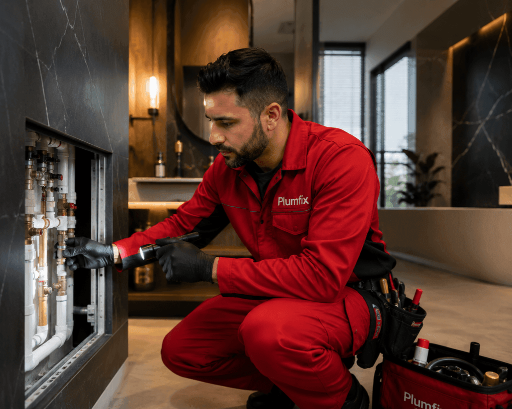 A Copperline plumber finishing a clean under-sink install