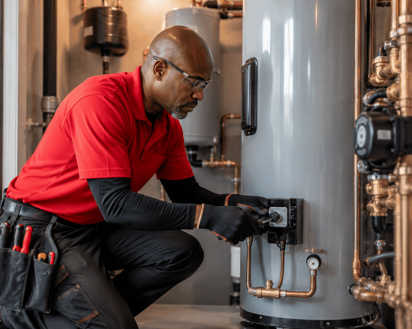 Two plumbers servicing copper pipework