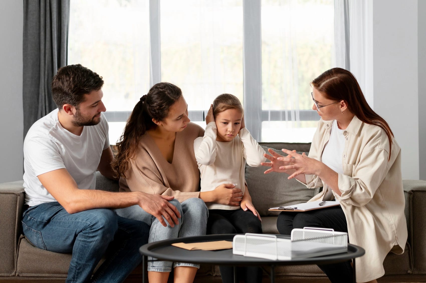 A family meeting with a counselor in a bright room