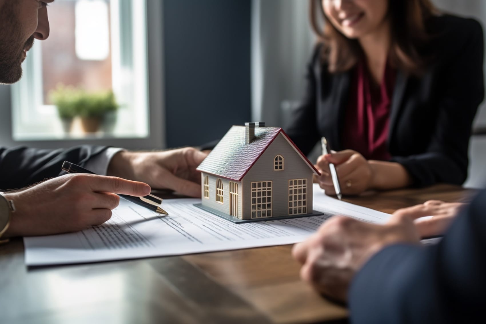 Reviewing a property model and documents at a table