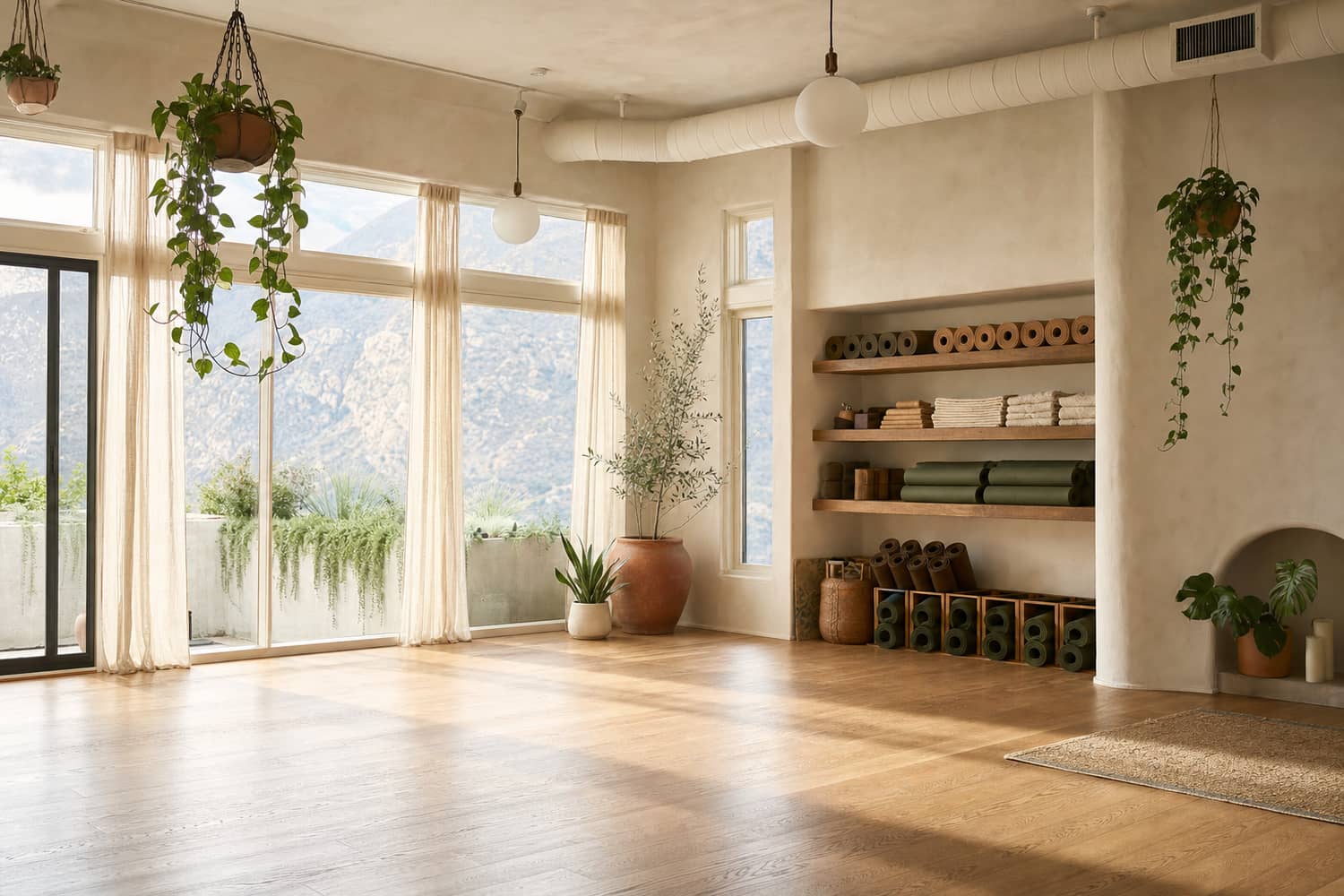 Inside the Moonstone studio — oak floors, tall windows, mountain light